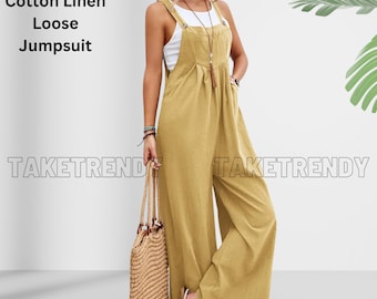 Frauen Baumwolle Leinen Overalls Overalls Breites Bein Lässige Sommer-Outfits Rompers Pullover Ärmellose Träger mit Taschen 2024 Frühling Sommer