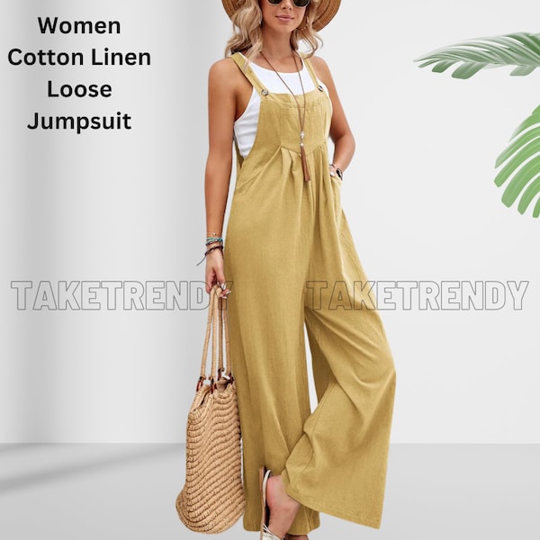 Frauen Baumwolle Leinen Overalls Overalls Breites Bein Lässige Sommer-Outfits Rompers Pullover Ärmellose Träger mit Taschen 2024 Frühling Sommer