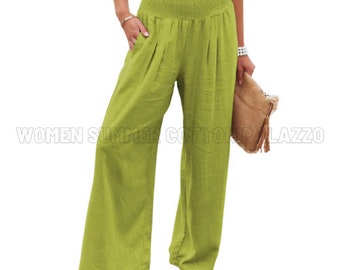 Women Summer Cotton Palazzo Elastic Waist Cotton Capri Casual Loose Boho Trousers Maxi Pants Wide Leg Pant Customized Plus Size Pants Linen