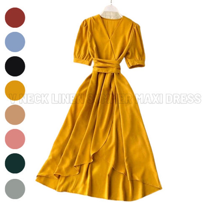 a women's yellow dress with different colors
