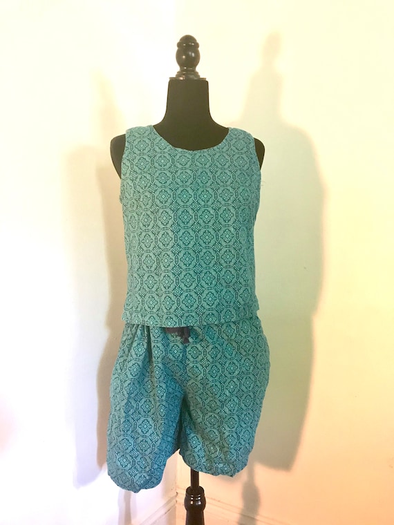 1960s Vtg. Blue-Green Two Piece Shorts Set With Ge