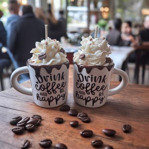 May include: Two white ceramic coffee mugs with chocolate drizzle and whipped cream on top. The mugs have the text "Drink coffee and be happy" on them. The mugs are sitting on a wooden surface with coffee beans scattered around them.