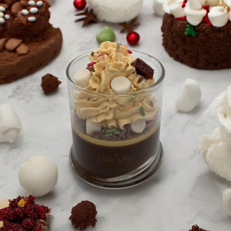 Beautiful Hot Chocolate holiday candle with decorative wax embeds.