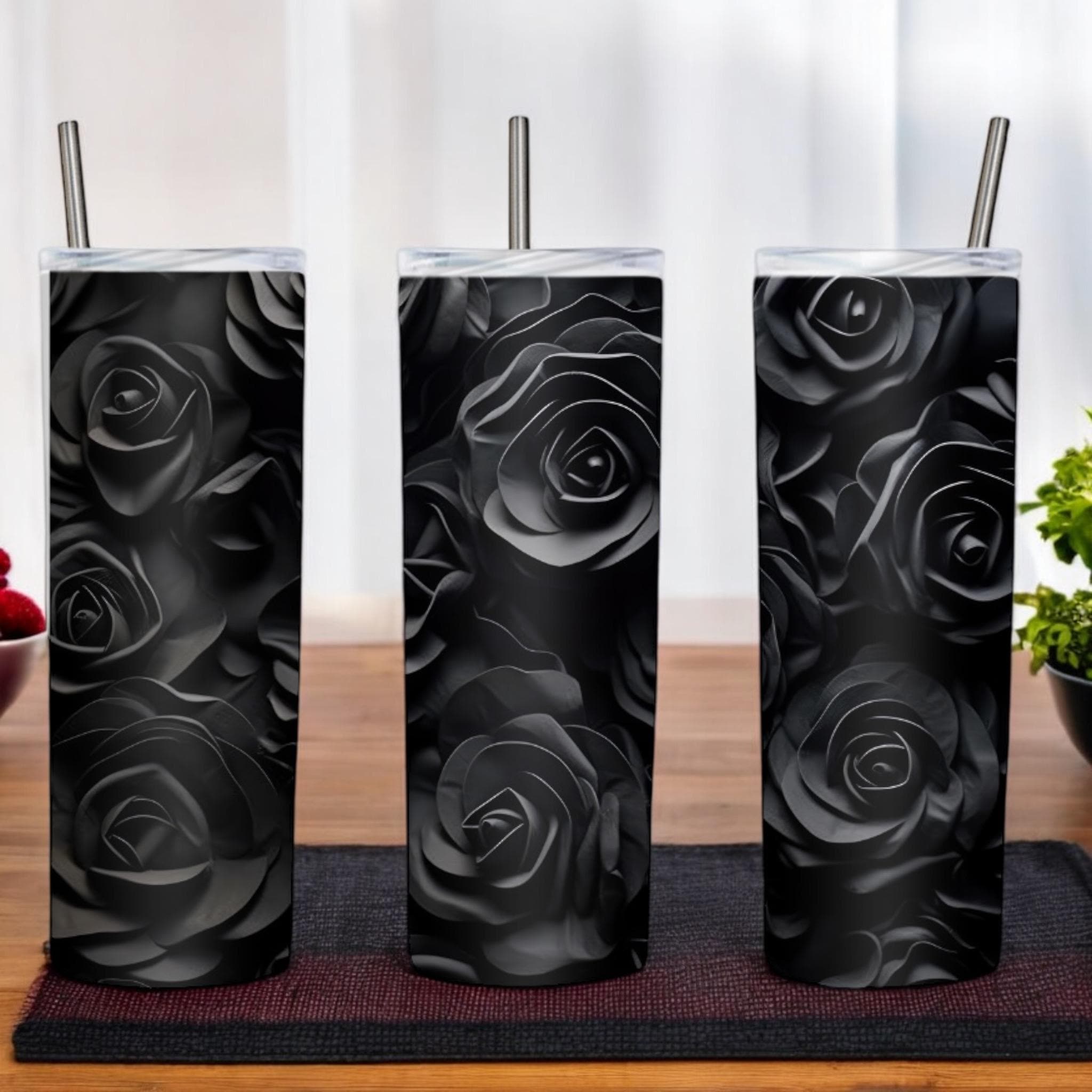 3D Black Roses Tumbler Wrap -  Romantic - Sublimation 20 oz - Skinny - Instant PNG - Flower Tumbler Wrap - Love -  For her - Mom - 3D