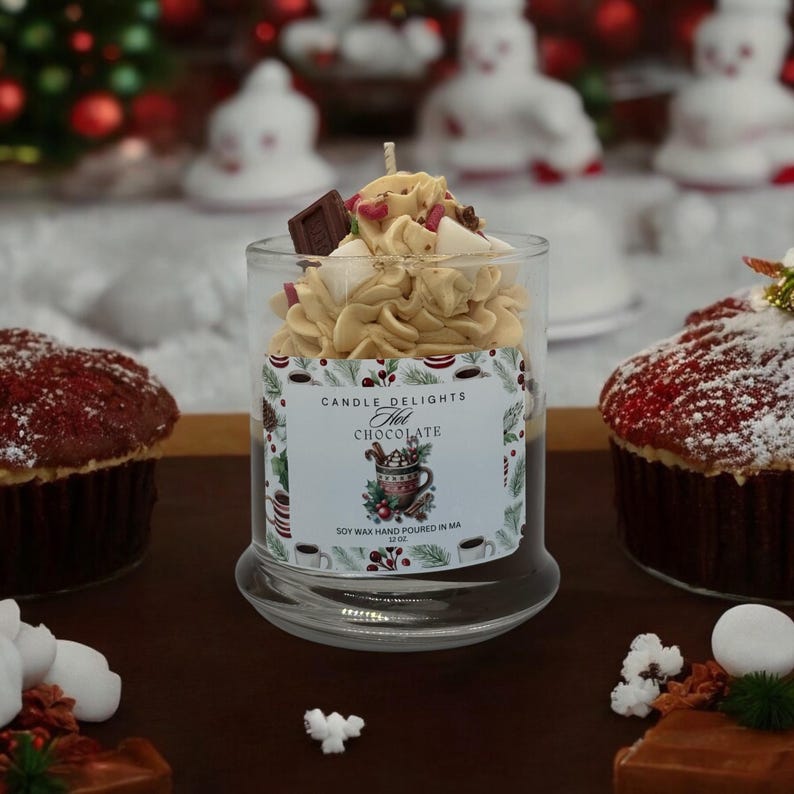 Beautiful Hot Chocolate holiday candle with decorative wax embeds.