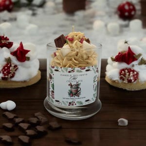 Beautiful Hot Chocolate holiday candle with decorative wax embeds.