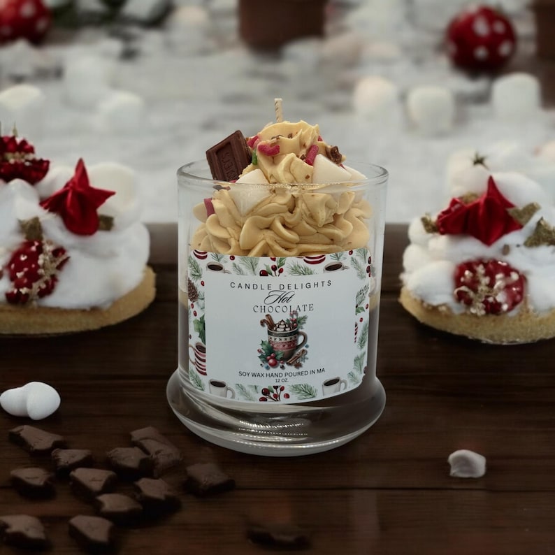 Beautiful Hot Chocolate holiday candle with decorative wax embeds.