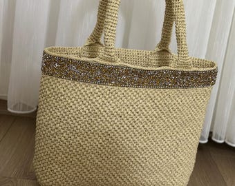 Handmade Raffia Tote Bag: Beige Glitter Beach Bag, Chic Summer Style