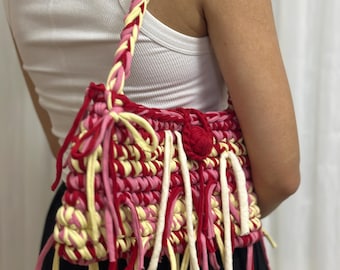 Boho Crochet Shoulder Bag: Woven Fringe Purse, Recycled T-Shirt Yarn