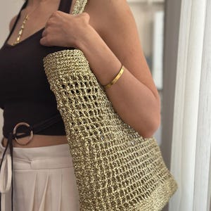 Gold Metallic Crochet Beach Bag: Handmade Raffia Tote