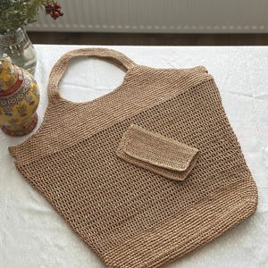 Handmade Crochet Raffia Tote Bag With Pouch