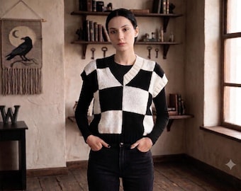 Handmade Black and White Checkered Knit Vest – Wednesday Addams Inspired Sleeveless Sweater