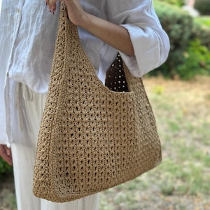 Large Handmade Crochet Raffia Shoulder Bag