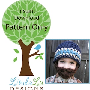May include: A crochet pattern for a blue and white hat with a brown beard attached. The pattern is available for instant download. The image also includes a logo for Linda Lu Designs.