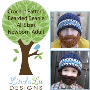 May include: Crochet pattern for a bearded beanie hat. The pattern is available in all sizes, from newborn to adult. The image shows two people wearing the beanie, one adult and one child. The beanie is blue with white and light blue stripes. The beard is brown.