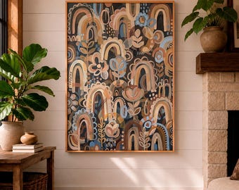 Quadro da parete floreale in stile boho marrone, stampa su tela botanica neutra, dipinto di fiori dai toni della terra, arredamento boho moderno, grande opera d'arte floreale astratta.