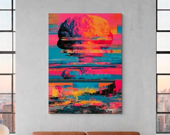 Day Zero Canvas Wall Art, Nuclear Mushroom Cloud Canvas Wall Art, Neon Apocalypse Print, Large Framed Canvas, Bold Dystopian Decor