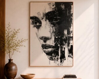 Black and White Abstract Portrait Wall Art, Modern Monochrome Face Canvas Print, Contemporary Expressionist Woman Painting