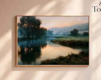 Quadro su tela con paesaggio fluviale tonalista, stampa di un prato sereno, grande tela incorniciata, arredamento vintage per soggiorno.