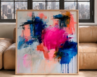 Quadro astratto rosa e blu, stampa su tela astratta moderna, opera d'arte espressionista contemporanea, grande dipinto a blocchi di colore