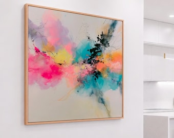 Quadro astratto pastello su tela, decorazione murale moderna e colorata, dipinto contemporaneo di grande impatto, opera d'arte di grandi dimensioni per il soggiorno.
