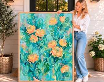 Quadro su tela con stampa floreale color verde acqua e corallo, stile boho botanico, grande tela incorniciata, ideale per decorare camera da letto, bagno e soggiorno.