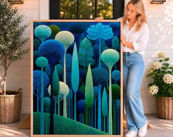 Blue Enchanted Forest Wall Art, Modern Botanical Tree Canvas Print, Whimsical Woodland Landscape Painting, Large Contemporary Nature Decor