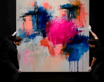 Quadro astratto rosa e blu, stampa su tela astratta moderna, opera d'arte espressionista contemporanea, grande dipinto a blocchi di colore