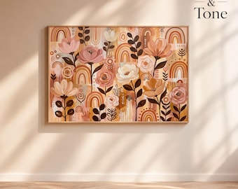 Boho Floral Rainbow Wall Art, Neutral Botanical Canvas Print, Modern Desert Flower Painting, Beige Terracotta Bohemian Decor