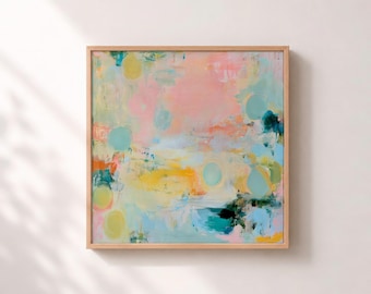 Quadro astratto dai colori pastello, stampa su tela rosa cipria e blu, grande dipinto contemporaneo, decorazione astratta moderna, opera d'arte dai colori tenui