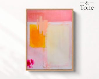 Pink Abstract Canvas Wall Art, Blush Yellow Color Field Print, Large Vertical Framed Canvas, Modern Living Room Decor
