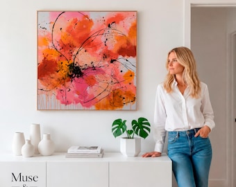 Stampa artistica astratta color rosa corallo, decorazione murale espressionista moderna, opera d'arte contemporanea su tela arancione, pezzo di grande impatto.