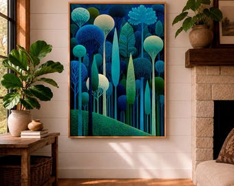 Quadro su tela "Foresta Blu", stampa surreale di paesaggio botanico, grande tela verticale incorniciata, decorazione naturalistica suggestiva