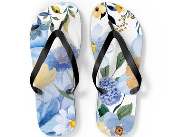 Blue Floral Flip Flops, Pastel Summer Sandals for beach day, outdoor, home, unique  design,