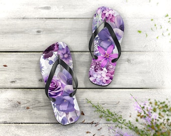 Provence Floral Flip Flops, Pastel Summer Sandals, flowers shoes, beach wear, luxury foot, violet,