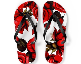 Red Rose Floral Flip Flops, Summer Sandals, luxury beach wear, roses lover, gift