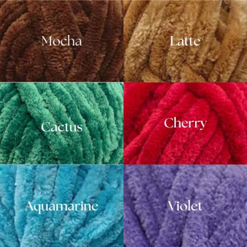 May include: Five balls of yarn in different colors: mocha, latte, cactus, cherry, and aquamarine. The yarn is a soft, fuzzy texture.