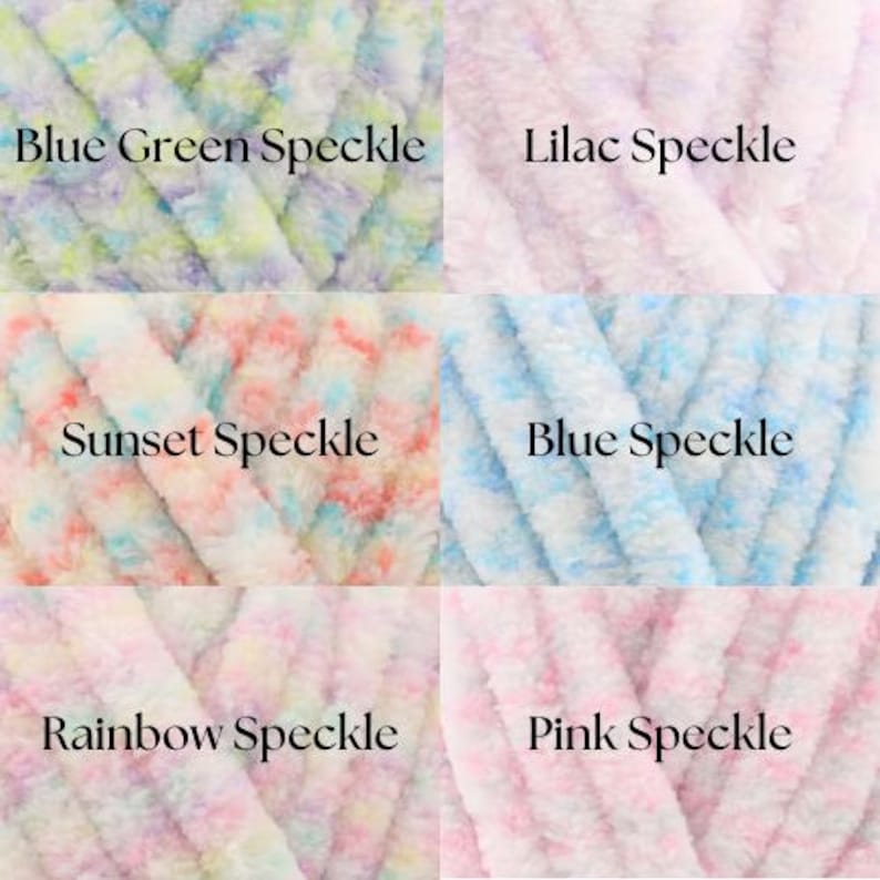 May include: Six skeins of yarn in different colors: blue green speckle, lilac speckle, sunset speckle, blue speckle, rainbow speckle, and pink speckle.