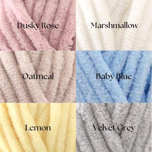 May include: Six skeins of yarn in different colors: Dusky Rose, Marshmallow, Oatmeal, Baby Blue, Lemon, and Velvet Grey.