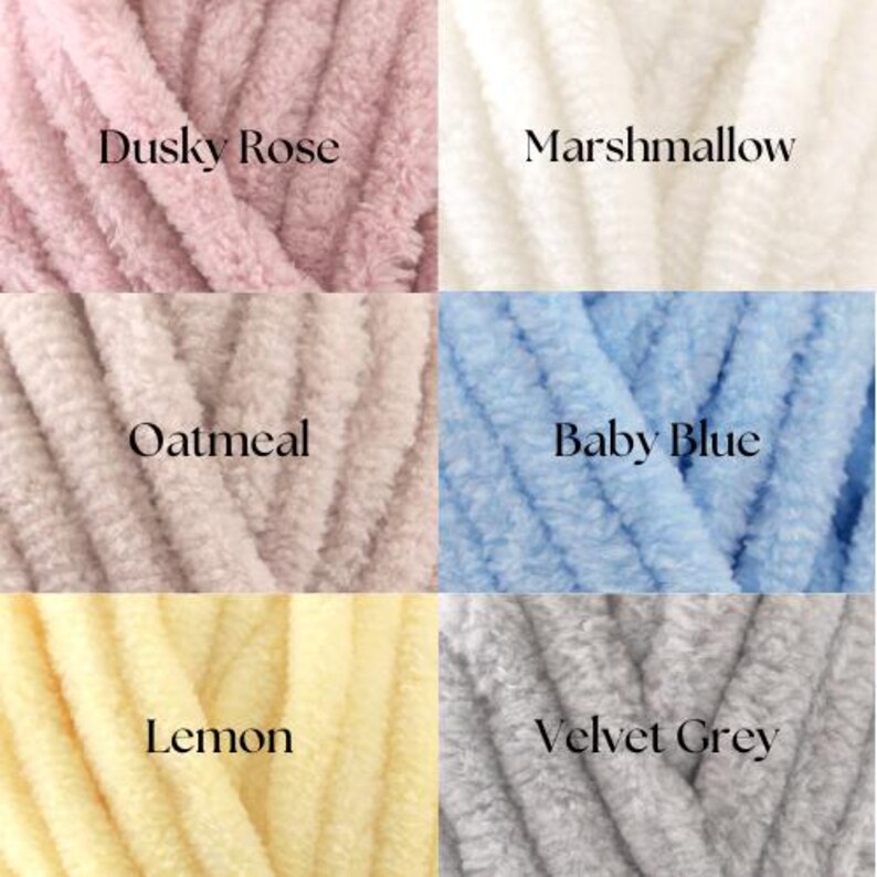 May include: Six skeins of yarn in different colors: Dusky Rose, Marshmallow, Oatmeal, Baby Blue, Lemon, and Velvet Grey.