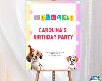 Modello di cartello di benvenuto cucciolo rosa, festa di compleanno, modello di compleanno del cucciolo, inviti stampabili modificabili, download digitale