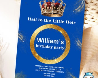 Blauwe Koninklijke verjaardagsuitnodiging sjabloon, verjaardagsfeestje, prins verjaardag sjabloon, bewerkbare afdrukbare uitnodigingen, digitale download