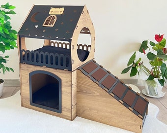 Niche en bois pour lapins, Château de lapin à deux étages, Meubles modernes pour lapin, Niche pour lapin, Maison en bois pour animal de compagnie, Lit pour lapin, Niche pour lapin économique