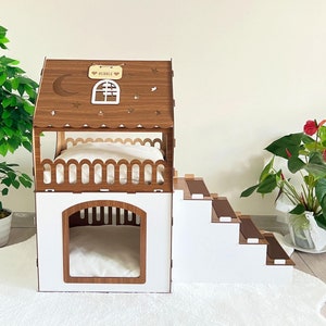 Customizable Two-Story Wooden Rabbit House: Indoor Bunny Castle
