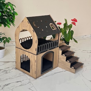 Handmade Two-Story Wooden Rabbit House: Indoor Bunny Hutch with Ramp