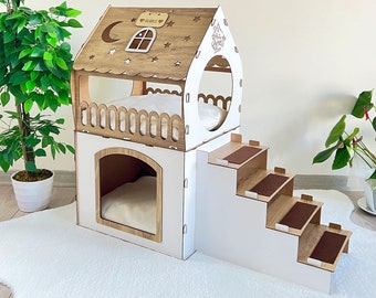 Niche en bois pour lapins, Château de lapin à deux étages, Meubles modernes pour lapin, Niche pour lapin, Maison en bois pour animal de compagnie, Lit pour lapin, Niche pour lapin économique