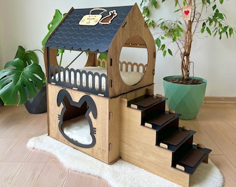 Wooden rabbit house, Two storey rabbit castle, For 2 Rabbits Guinea Pig, Chinchilla House, Rabbit Furniture, Extra Large Rabbit House bed