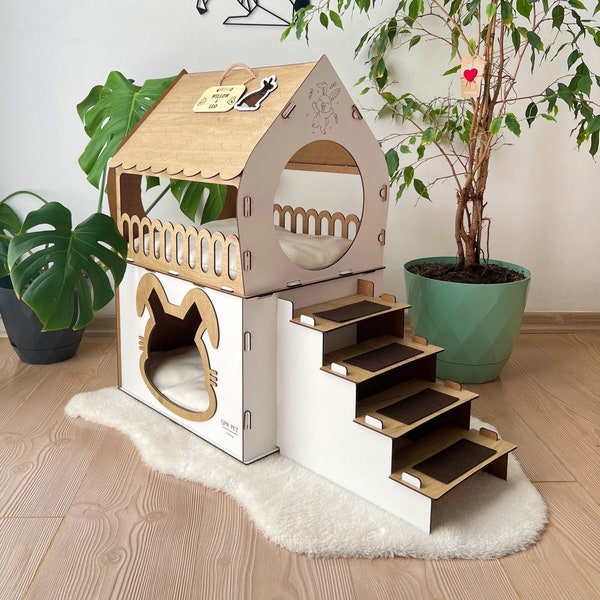 Niche en bois pour lapins, Château de lapin à deux étages, Meubles modernes pour lapin, Niche pour lapin, Maison en bois pour animal de compagnie, Lit pour lapin, Niche pour lapin économique