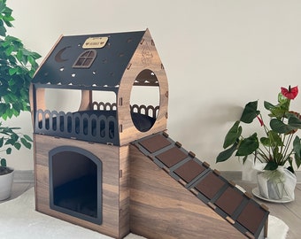 Two-Story Wooden Rabbit House, Modern Rabbit House, Wooden Rabbit Castle, Rabbit House, Rabbit Castle, Brown Rabbit House, Rabbit Playhouse