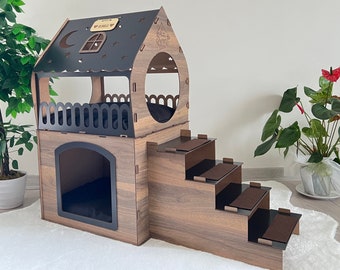 Wooden rabbit, cat and dog house, rabbit house, Two storey Pet castle, Modern Cat Furniture, Cat house, Wooden rabbit House, Little dog bed